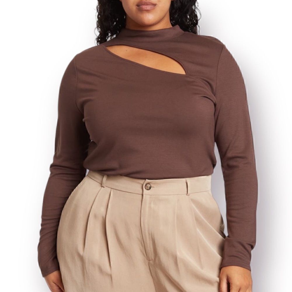 Halogen Cutout Long Sleeve Top Long Sleeve Brown Seal 4X